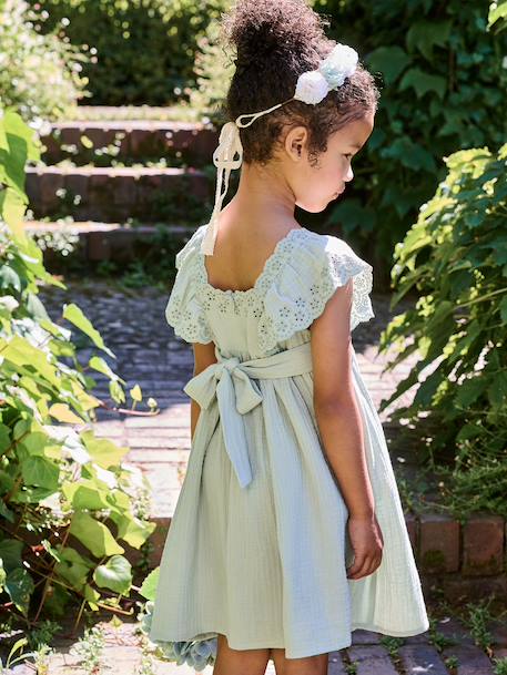 Robe de cérémonie en gaze de coton fille manches en broderie anglaise rose pâle+vert sauge 12 - vertbaudet enfant 