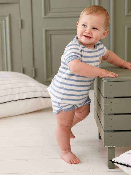 Ensemble bébé tee-shirt + short en éponge bleu grisé+rayé bleu+taupe 8 - vertbaudet enfant 