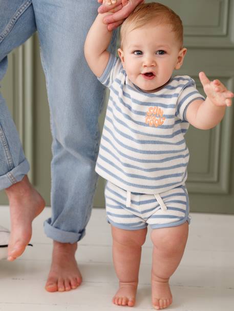 Ensemble bébé tee-shirt + short en éponge bleu grisé+rayé bleu+taupe 9 - vertbaudet enfant 