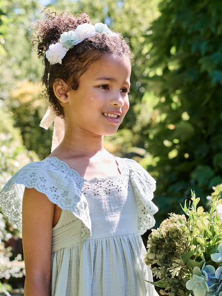 Robe de cérémonie en gaze de coton fille manches en broderie anglaise rose pâle+vert sauge 6 - vertbaudet enfant 