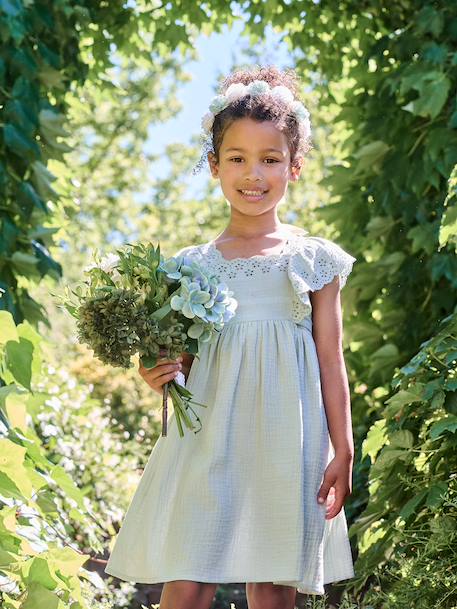 Fille-Robe de cérémonie en gaze de coton fille manches en broderie anglaise