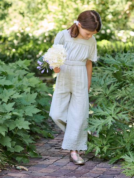 Fille-Salopette, combinaison-Combinaison fille en gaze de coton avec broderie