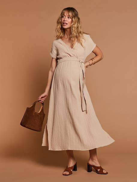 Robe longue grossesse effet cache-coeur en gaze de coton argile+beige+marine+terracotta 1 - vertbaudet enfant 