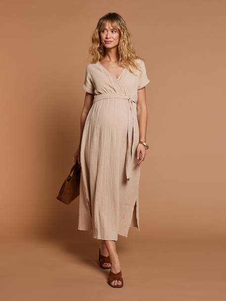 Robe longue grossesse effet cache-coeur en gaze de coton argile+beige+marine+terracotta 3 - vertbaudet enfant 