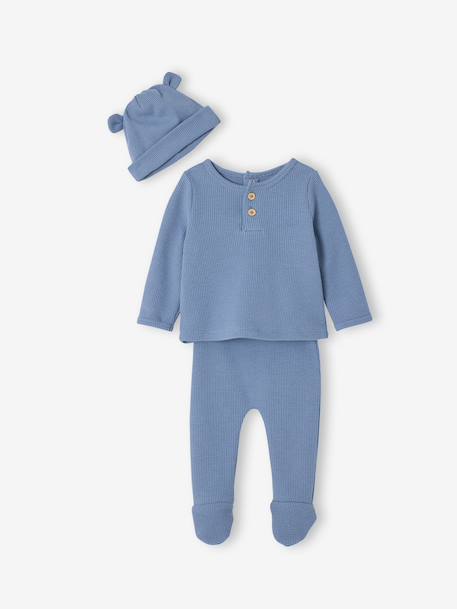 Ensemble naissance 3 pièces tee-shirt personnalisable legging bonnet bleu+écru 1 - vertbaudet enfant 