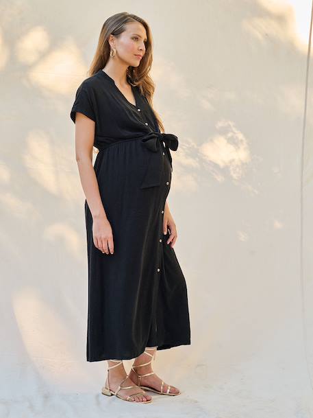 Robe chemise longue en lin mélangé grossesse et allaitement beige+noir 12 - vertbaudet enfant 