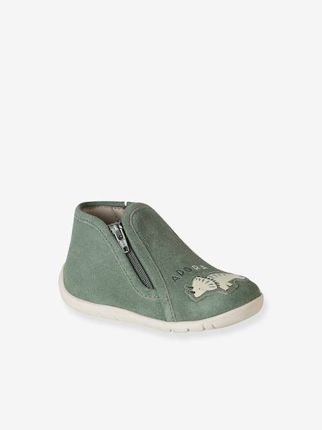 Chaussons bébé cuir souple zip vert sauge 1 - vertbaudet enfant 