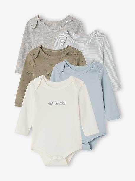 Lot 5 bodies manches longue Dinosaures kaki 1 - vertbaudet enfant 