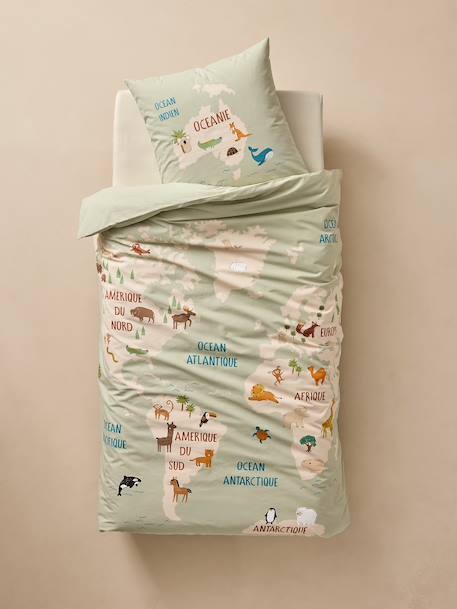 Parure housse de couette et taie d'oreiller TOUR DU MONDE ANIMAUX avec coton recyclé vert sauge 2 - vertbaudet enfant 