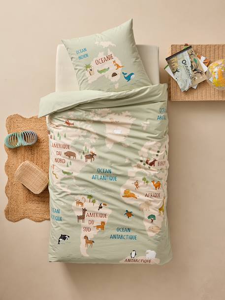 Parure housse de couette et taie d'oreiller TOUR DU MONDE ANIMAUX avec coton recyclé vert sauge 1 - vertbaudet enfant 