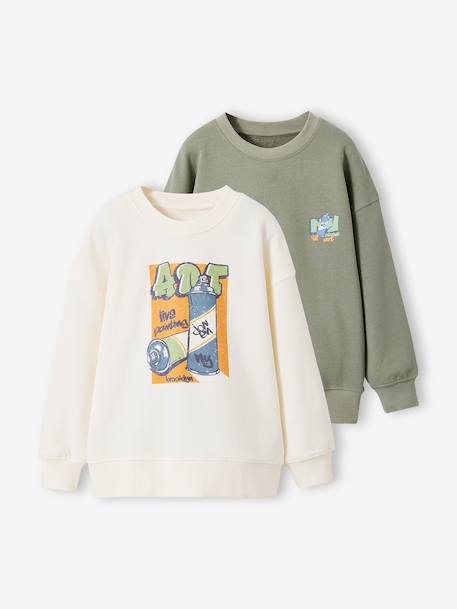 Lot 2 sweats manches longues graffiti vert sauge 1 - vertbaudet enfant 