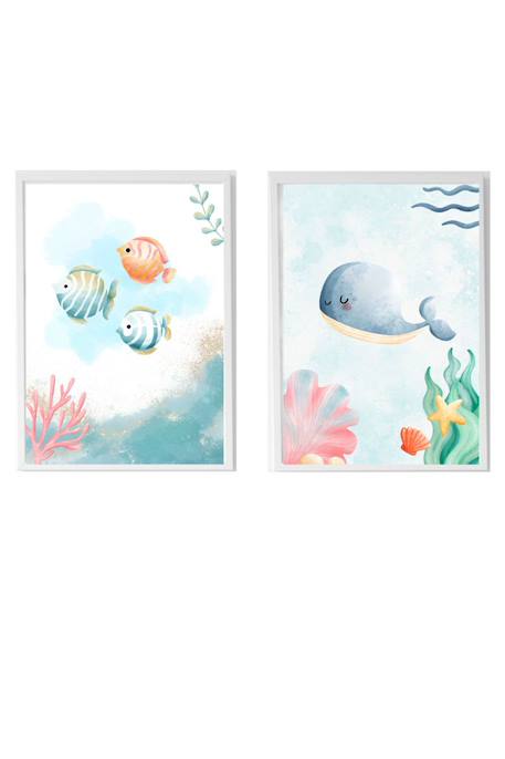 Lot 2 cadres muraux enfant poissons et baleine Multi coloured 1 - vertbaudet enfant 
