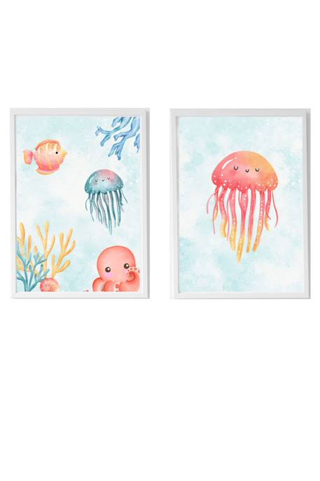 Lot 2 cadres muraux enfant méduse et océan Multi coloured 1 - vertbaudet enfant 