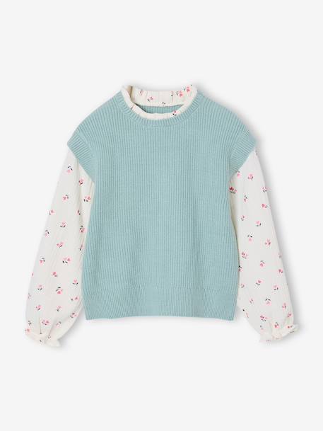 Pull 2 en 1 fille manches bleu grisé+rose 2 - vertbaudet enfant 