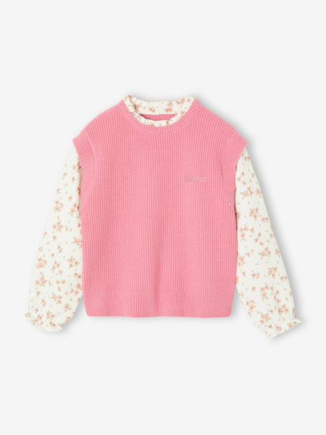Pull 2 en 1 fille manches bleu grisé+rose 7 - vertbaudet enfant 