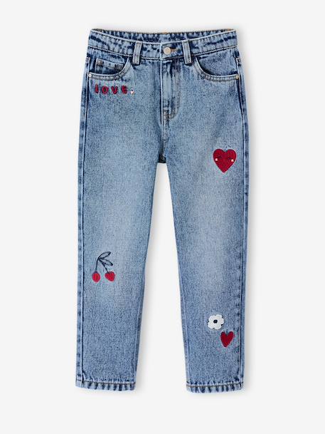 Jean fille mom brodé fleurs bleu clair+bleu moyen 6 - vertbaudet enfant 