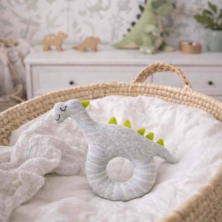 Hochet tricoté en coton bio Beige, chien+Beige, singe+Bleu, ourson+Gris, dino+Multicolore, lapin+Multicolore, toucan+Rose 19 - vertbaudet enfant 