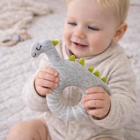 Hochet tricoté en coton bio Beige, chien+Beige, singe+Bleu, ourson+Gris, dino+Multicolore, lapin+Multicolore, toucan+Rose 18 - vertbaudet enfant 