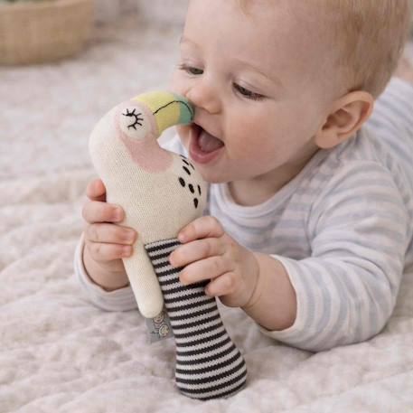 Hochet tricoté en coton bio Beige, chien+Beige, singe+Bleu, ourson+Gris, dino+Multicolore, lapin+Multicolore, toucan+Rose 29 - vertbaudet enfant 