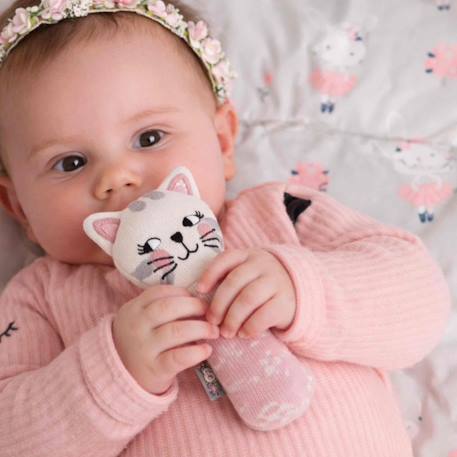 Hochet tricoté en coton bio Beige, chien+Beige, singe+Bleu, ourson+Gris, dino+Multicolore, lapin+Multicolore, toucan+Rose 33 - vertbaudet enfant 