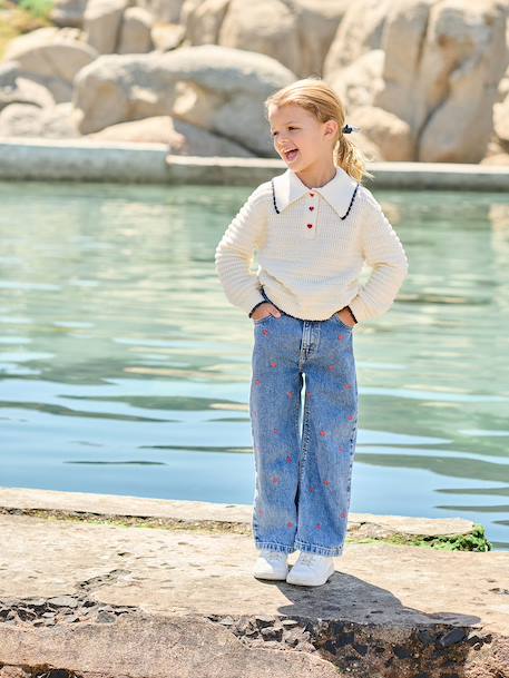 Jean large fille brodé bleu moyen+denim bleached 2 - vertbaudet enfant 