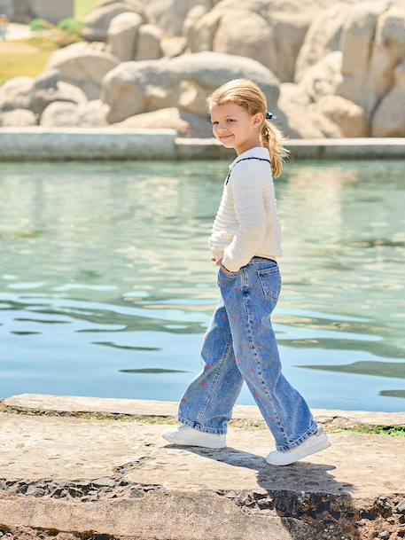Jean large fille brodé bleu moyen+denim bleached 7 - vertbaudet enfant 