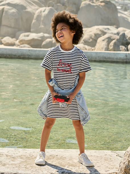 Robe fille en molleton léger motif gris chiné+rayé bleu+vert+vert sauge 4 - vertbaudet enfant 