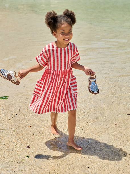 Robe fille en seersucker rayé rouge 1 - vertbaudet enfant 