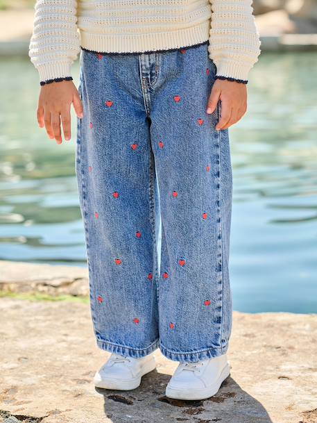 Jean large fille brodé bleu moyen+denim bleached 1 - vertbaudet enfant 