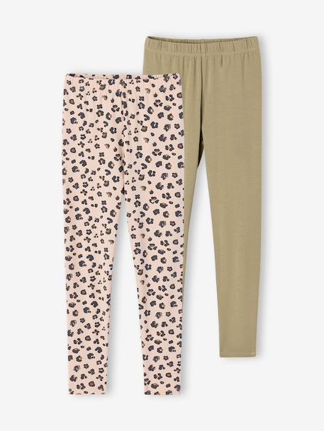 Lot de 2 leggings fille Basics indigo+kaki+marron imprimé+vert sauge 6 - vertbaudet enfant 