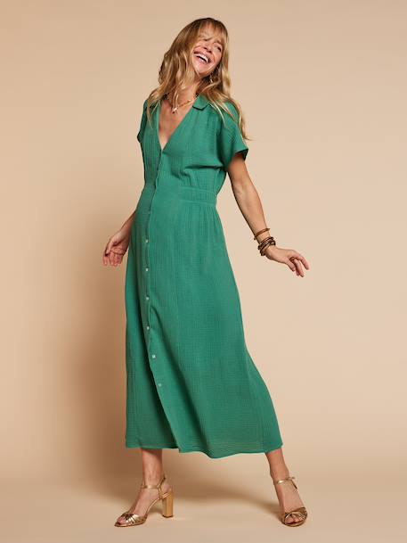 Robe longue col chemise grossesse allaitement vert émeraude 1 - vertbaudet enfant 