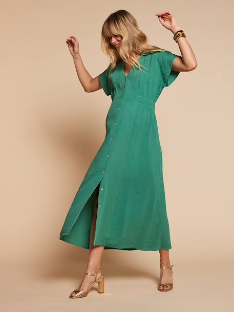 Robe longue col chemise grossesse allaitement vert émeraude 2 - vertbaudet enfant 