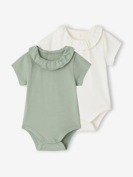 Lot de 2 bodies bébé naissance col fantaisie manches courtes corail+vert sauge 7 - vertbaudet enfant 