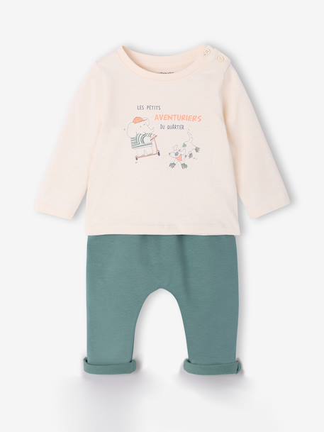 Ensemble bébé tee-shirt et pantalon en molleton bleu canard+rayé / caramel 1 - vertbaudet enfant 