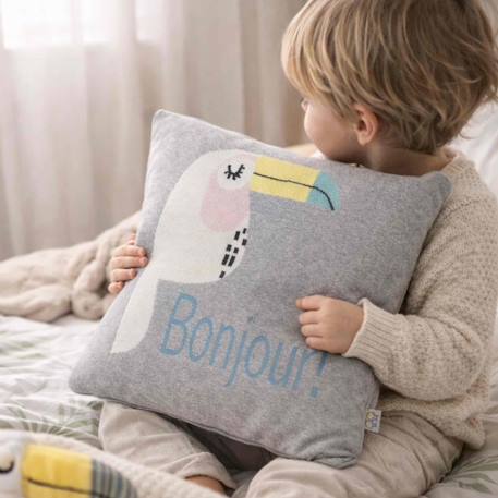 Taie de coussin en coton biologique Bleu, chaton+Écru, ourson+Gris, dino+Gris, renard+Gris, singe+Gris, toucan+Noir, chien+Rose, chat 29 - vertbaudet enfant 