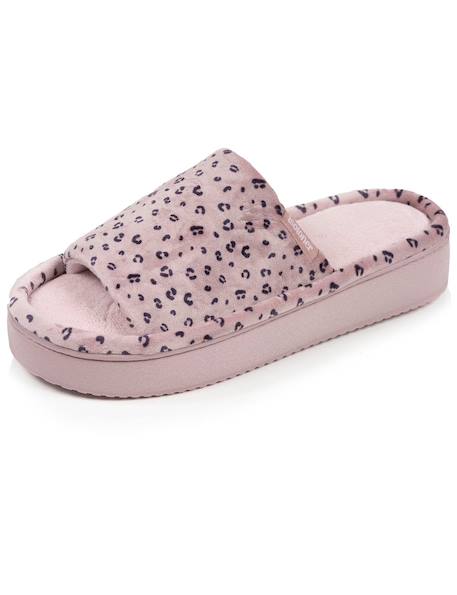 Chaussons mules ouvertes velours, plateforme 3,5 cm Bleucanard+Léopard blush 12 - vertbaudet enfant 