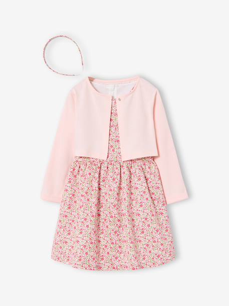 Ensemble 3 pièces robe cardigan serre tête rose pâle 1 - vertbaudet enfant 