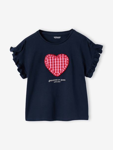 Tee-shirt fille motif romantique manches courtes à volant écru+marine+rose+vert sauge 5 - vertbaudet enfant 