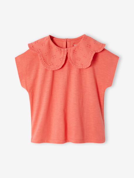 T-shirt fille col brodé fantaisie corail+écru 1 - vertbaudet enfant 