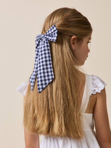 Barrette  grand noeud vichy Vichy jaune+Vichy marine 11 - vertbaudet enfant 