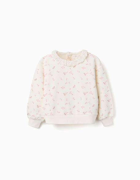 Sweat en coton à motif floral et col à volants Blanc 1 - vertbaudet enfant 