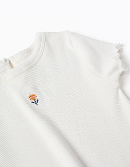 T-shirt côtelé à fleur brodée Beige clair+Jaune foncé 3 - vertbaudet enfant 