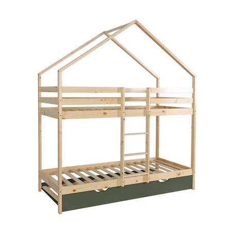 Lit enfant superposé cabane 90 x 190 cm pin naturel avec sommier et lit tiroir - roya Blanc+Vert 8 - vertbaudet enfant 