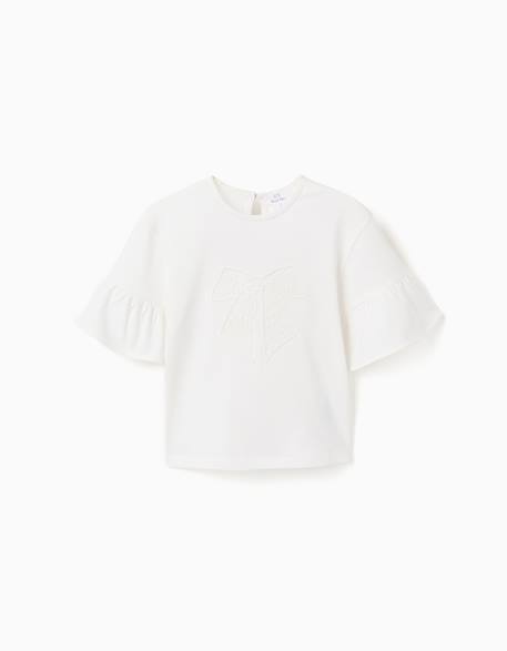 T-shirt en coton à volants et nœud brodé Blanc 1 - vertbaudet enfant 