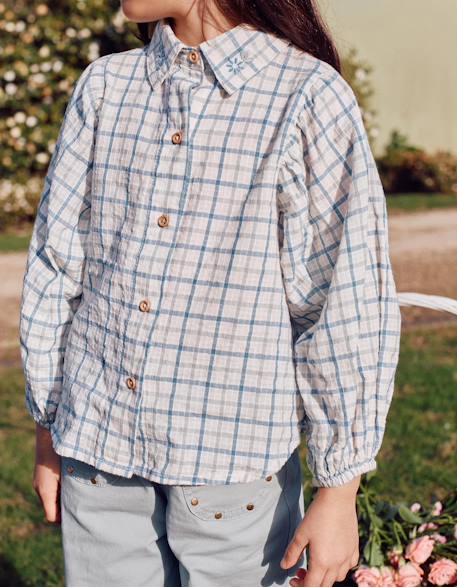 Chemise en coton à carreaux et manches bouffantes Vert clair 2 - vertbaudet enfant 