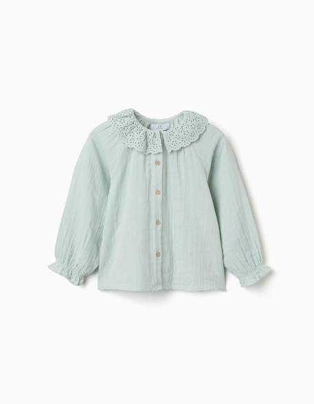 Fille-Chemise, blouse, tunique-Chemise en coton à broderie anglaise et volants