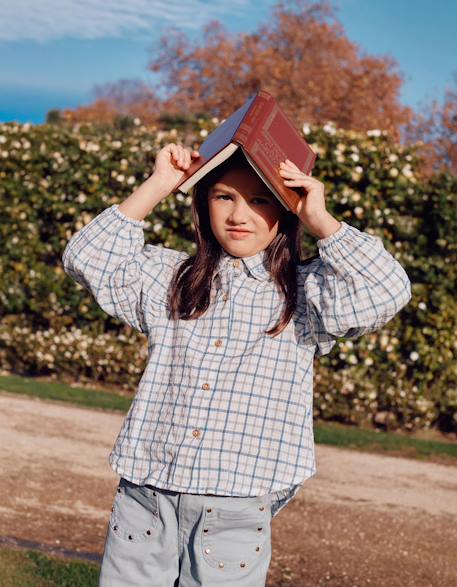 Fille-Chemise en coton à carreaux et manches bouffantes