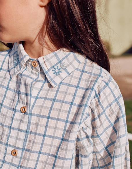 Chemise en coton à carreaux et manches bouffantes Vert clair 3 - vertbaudet enfant 