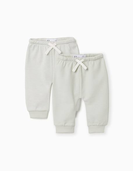 Lot de 2 pantalons en coton unis/rayés Vert clair 1 - vertbaudet enfant 