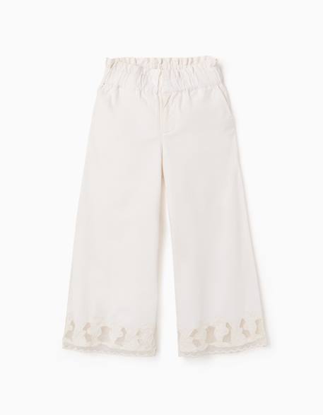 Pantalon en coton à jambe large avec fleurs brodées Blanc 1 - vertbaudet enfant 